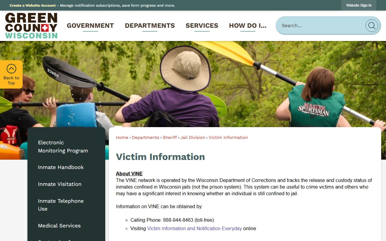 Green County inmate custody notification information on the VINE page