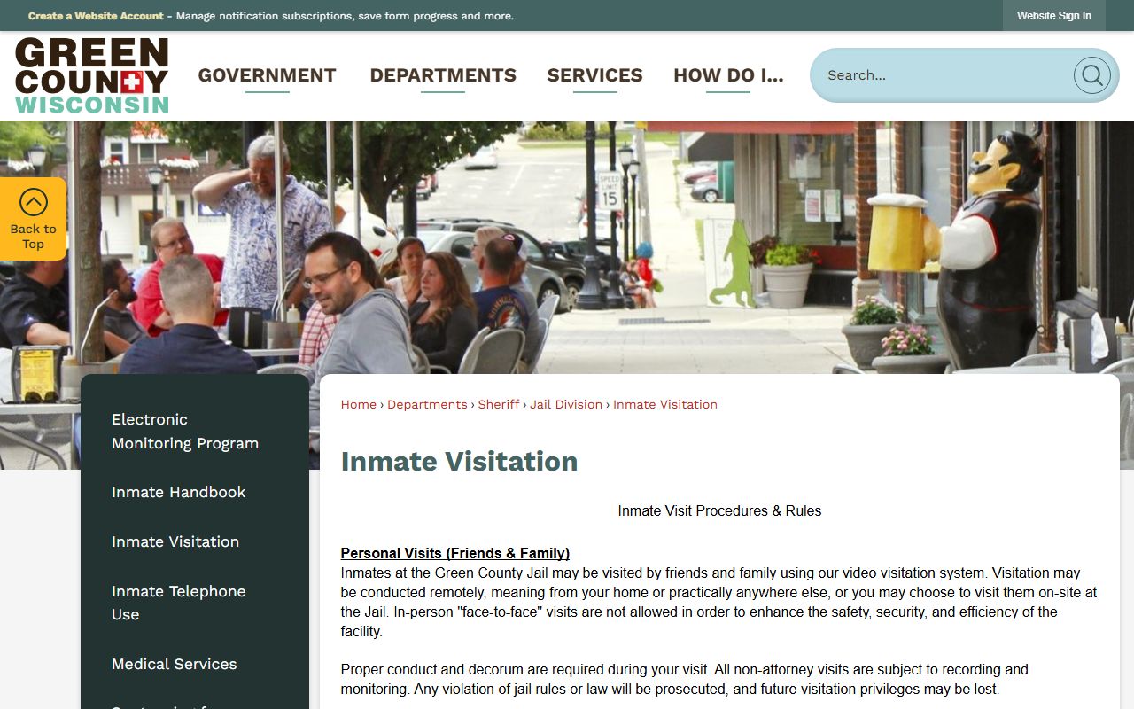 Green County jail inmate visitation schedule and video visit rules