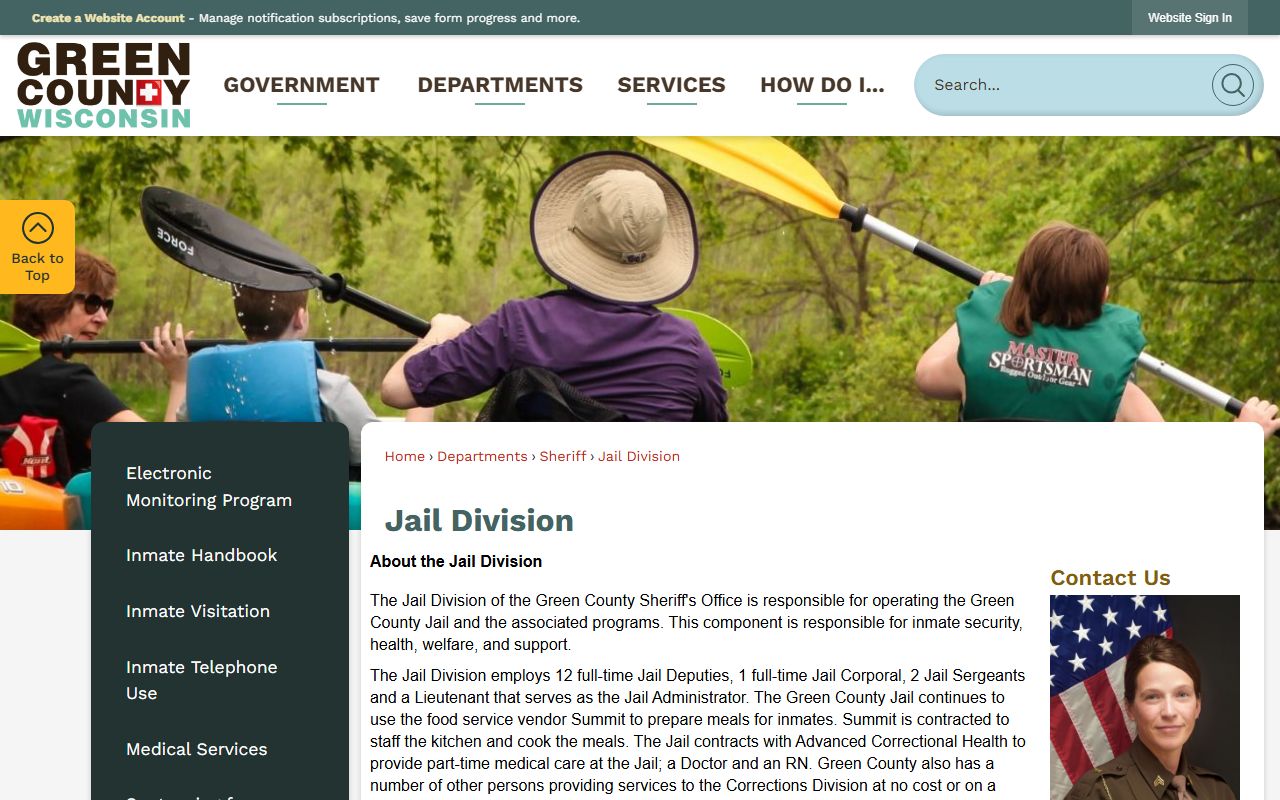Green County Jail Division page with jail address and contact information